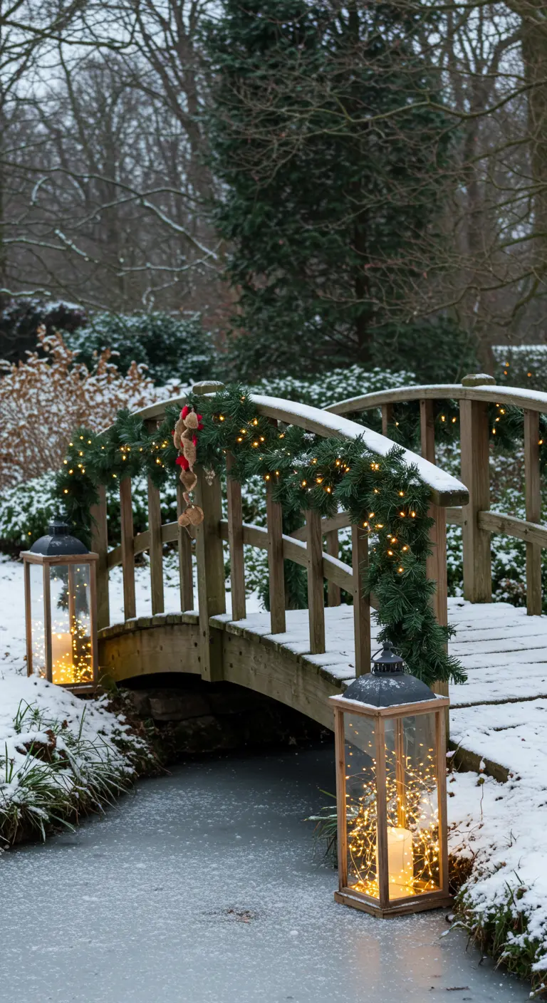 A snowy wooden garden bridge decorated with an illuminated garland and large lanterns.
