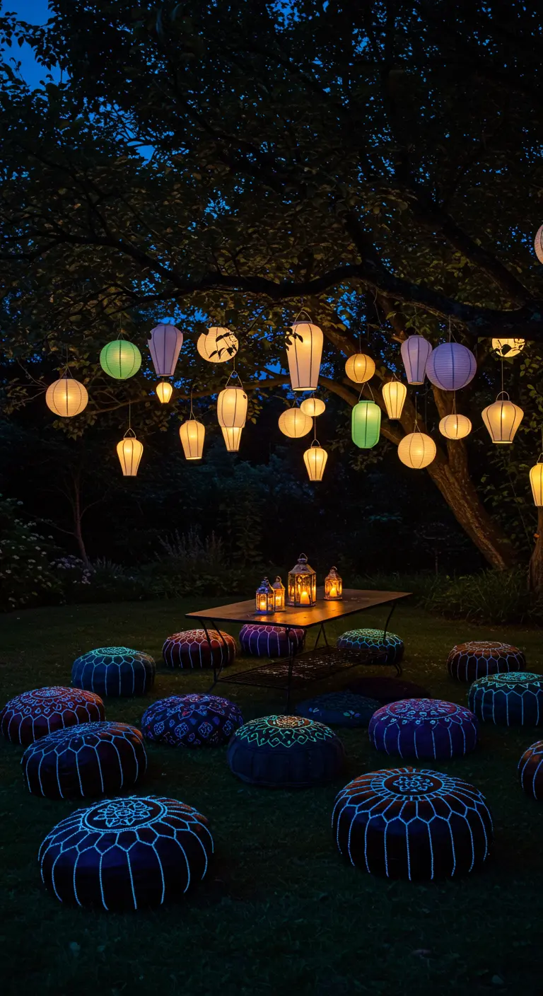 Dark poufs on a lawn at night, under a tree filled with hanging lanterns of various colors.
