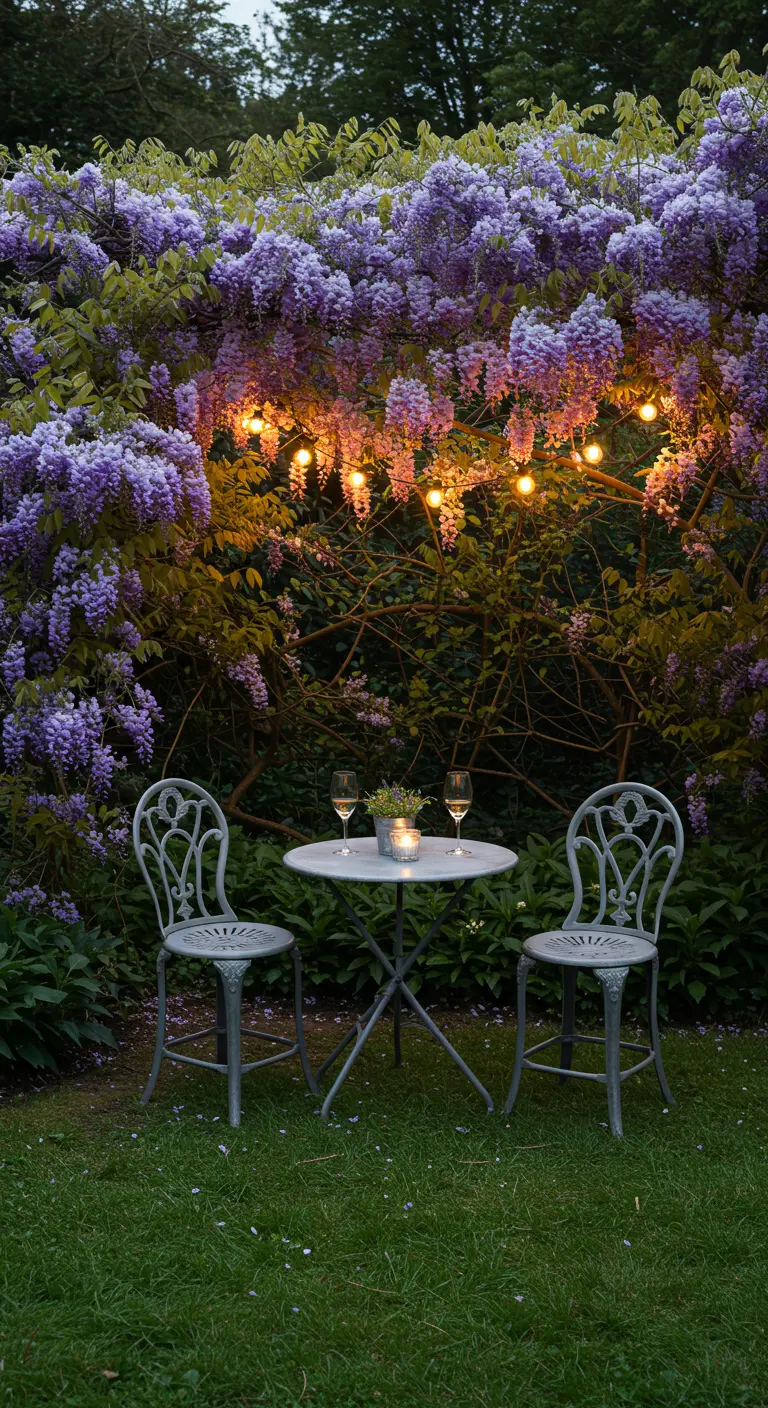 Ornate metal chairs and a table set under blooming wisteria with string lights.