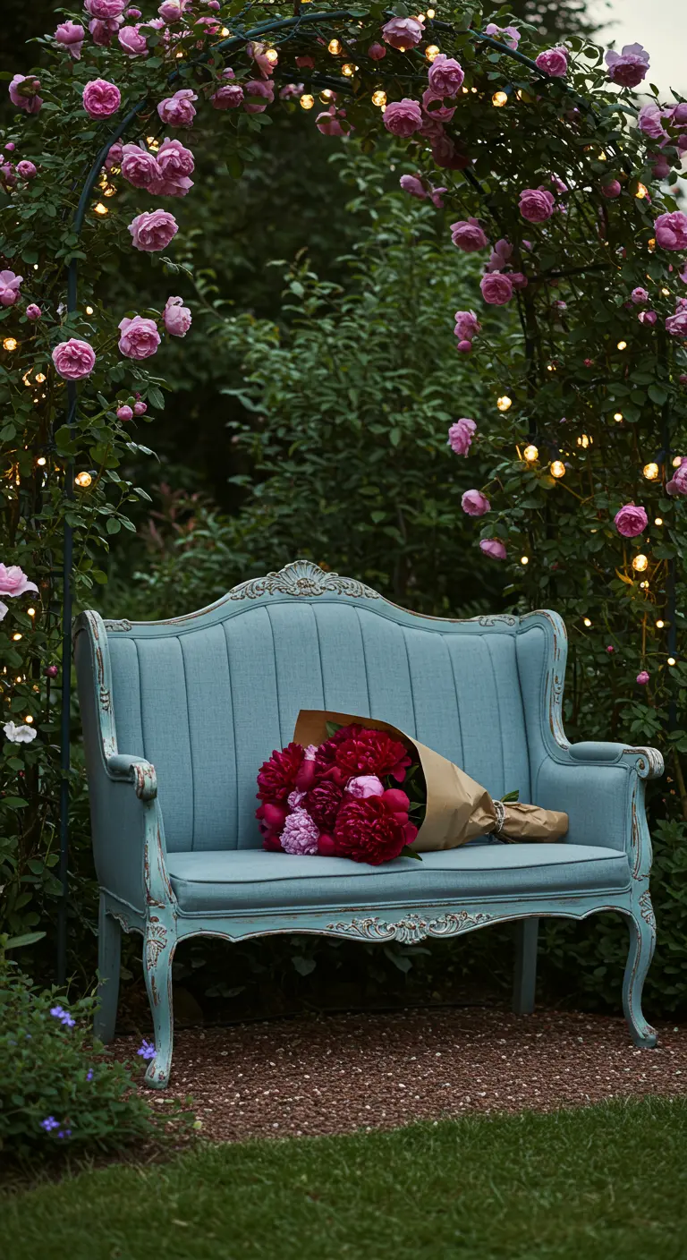 Upholstered blue bench under a rose arch with fairy lights at dusk.