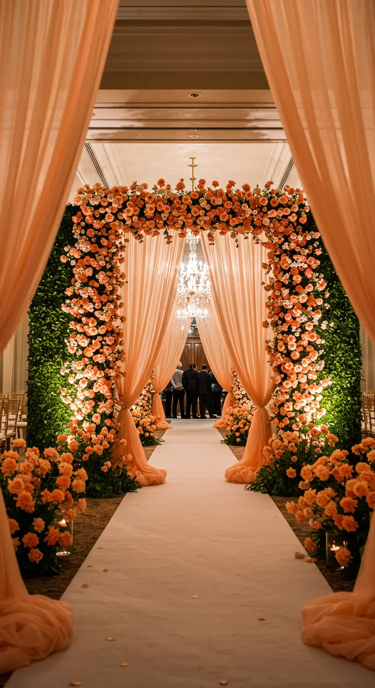 An immersive wedding entrance tunnel made of peach flowers and draped tulle.