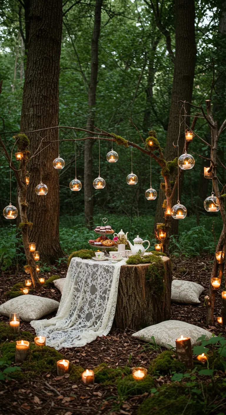 A tea party set on a tree stump in the woods, with hanging glass candle baubles in the trees.