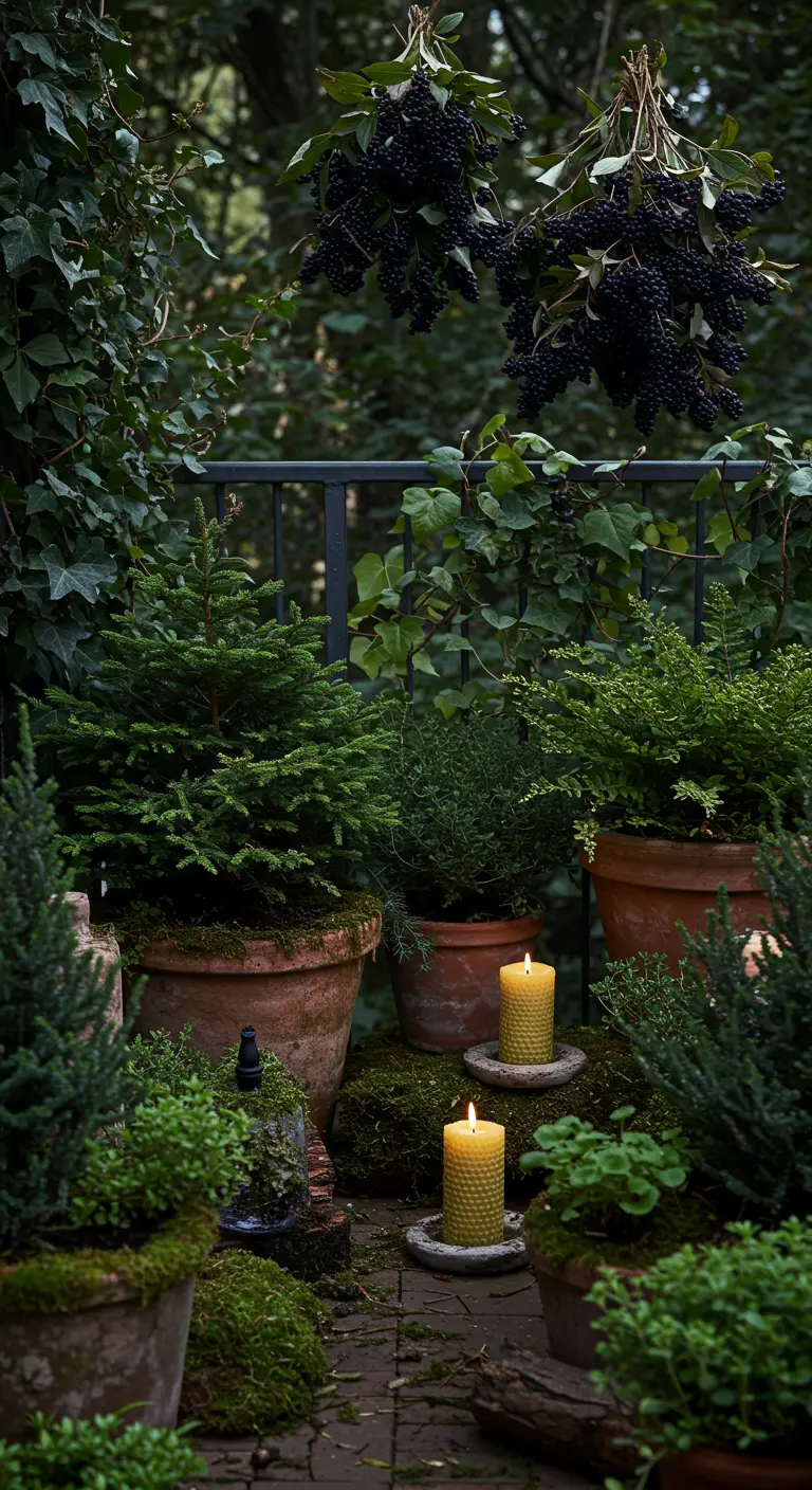 Moody balcony with potted conifers, moss, dark berries, and beeswax candles.