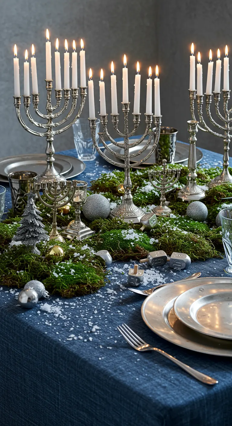 A Hanukkah table decorated like a forest floor with a moss runner and multiple silver menorahs.