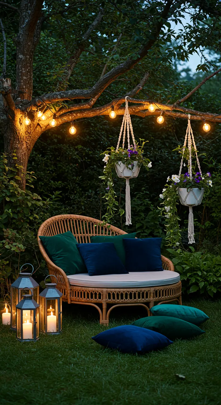 Rattan loveseat under a tree with string lights and velvet pillows.