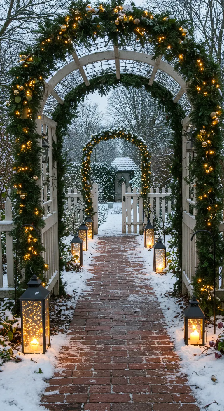 A white garden arch in the snow decorated with lit garlands and lanterns.