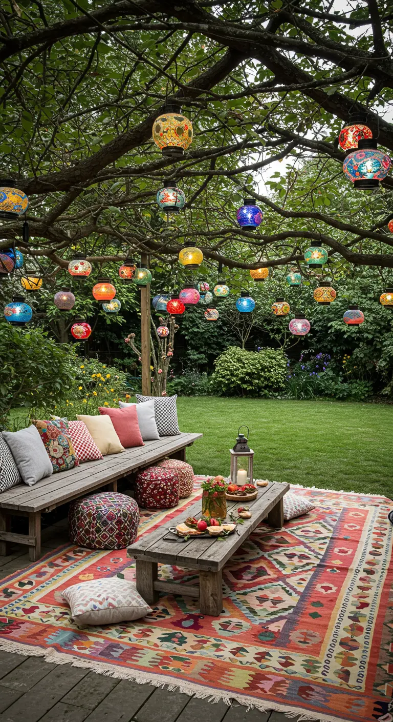 A garden party scene under a tree filled with colorful hanging lanterns and a large kilim rug.