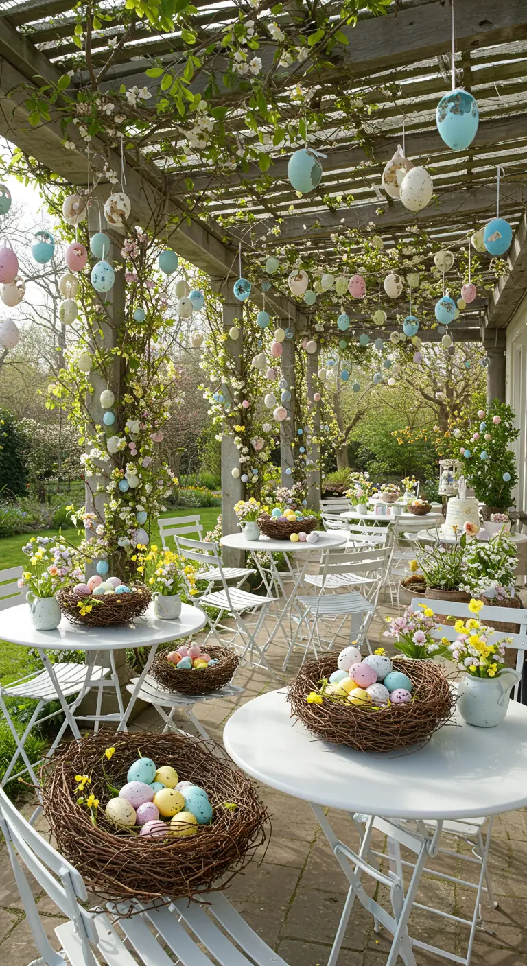 Outdoor patio with Easter eggs hanging from a pergola and nests on bistro tables.