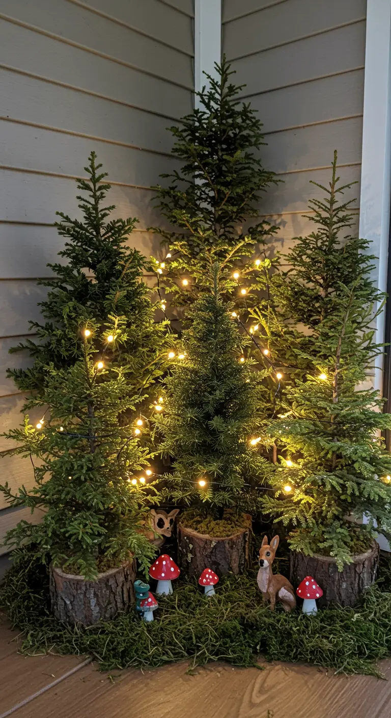 A cluster of mini trees in bark-wrapped pots with moss and ceramic mushrooms.
