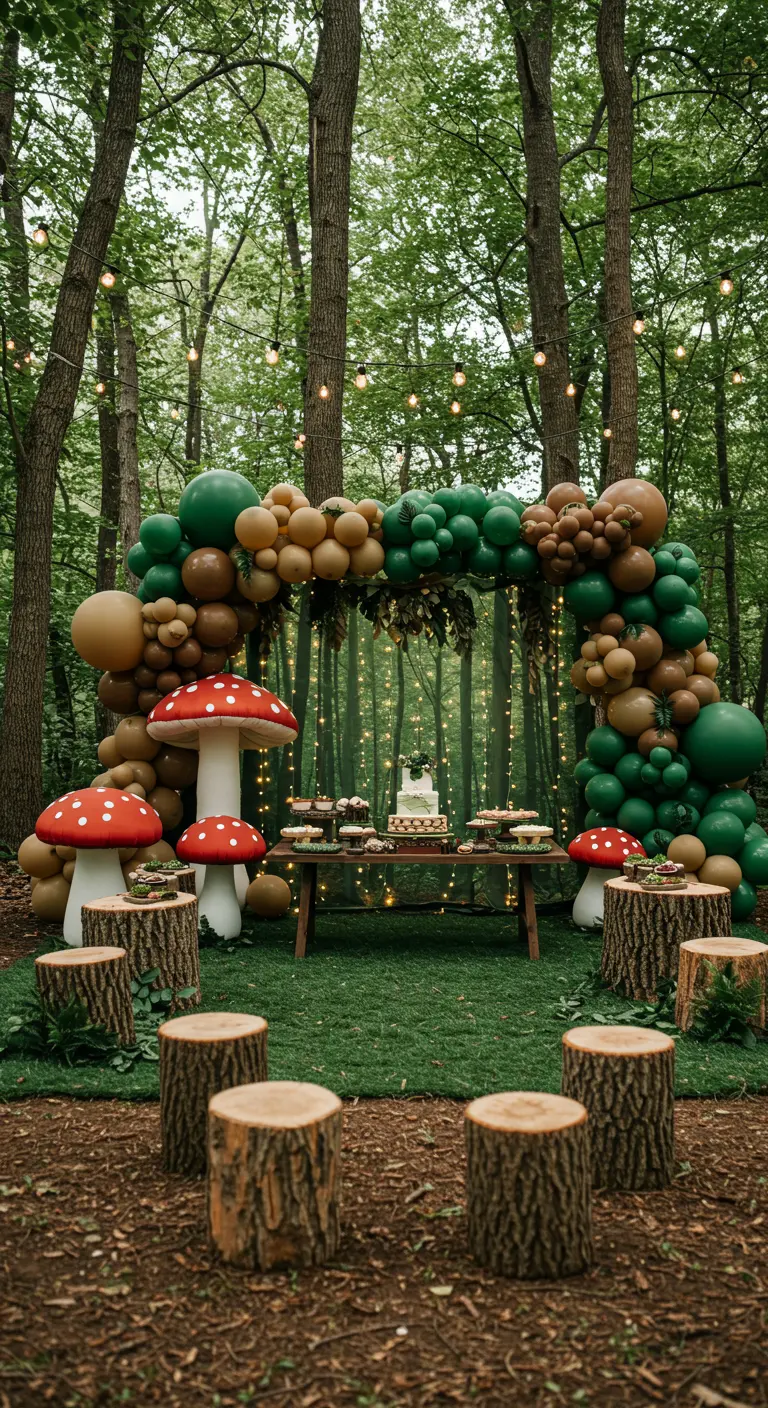A woodland-themed party with a green and brown balloon arch, mushroom props, and a dessert table.
