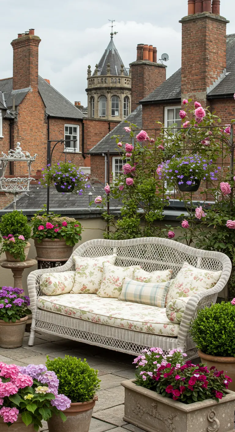 Rooftop terrace with white wicker sofa, climbing roses, and pots of pink hydrangeas.
