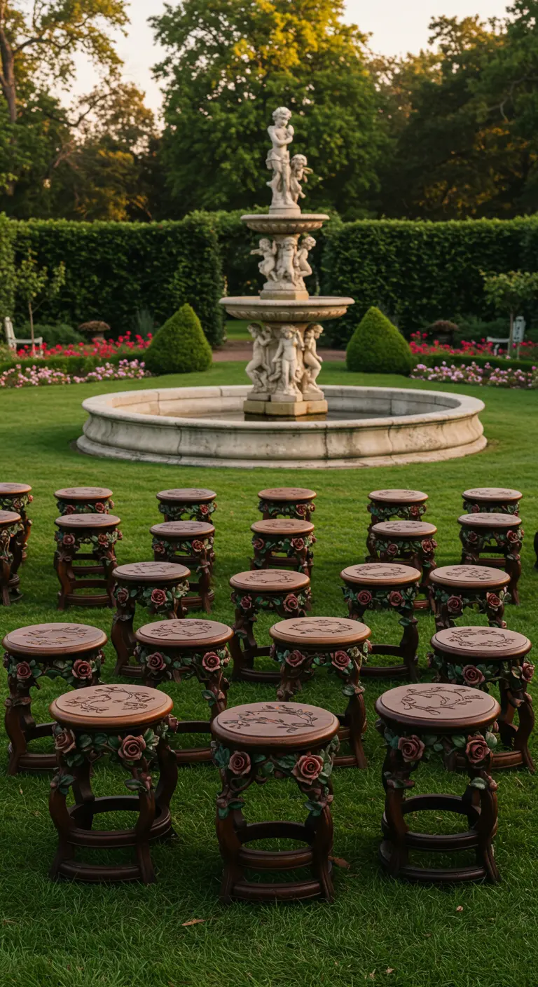 Intricately carved dark wood stools with rose details, arranged on a green lawn before a classic fountain.