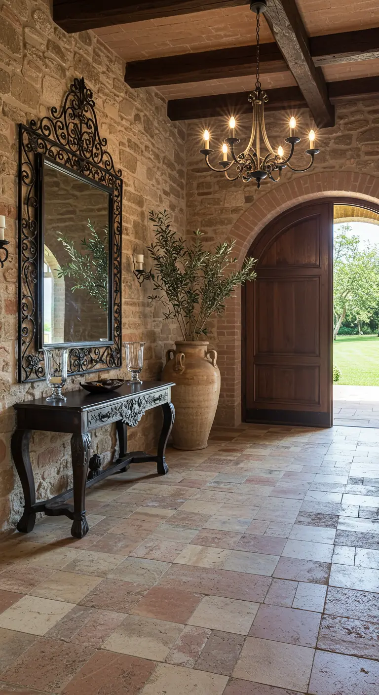 Tuscan entryway with stone walls, an ornate console table, and a large mirror.