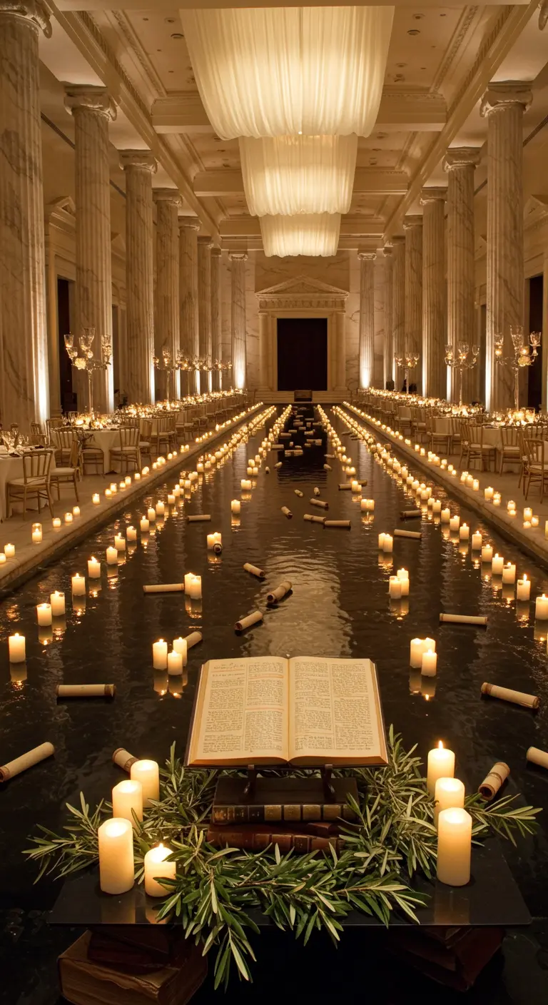 A grand hall with a river of floating candles, with an open book as the centerpiece.