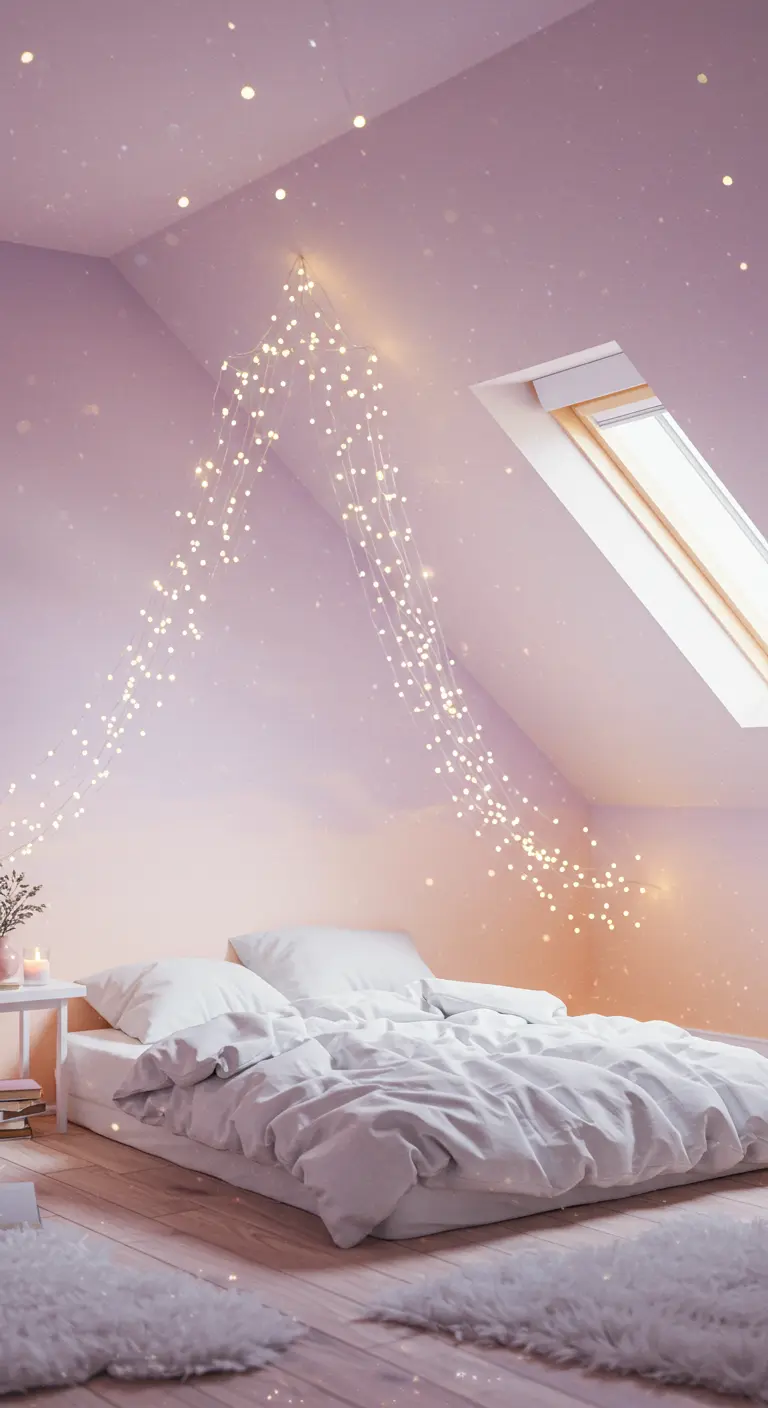 An attic bedroom with a cascade of fairy lights flowing down a pink-and-orange gradient wall.