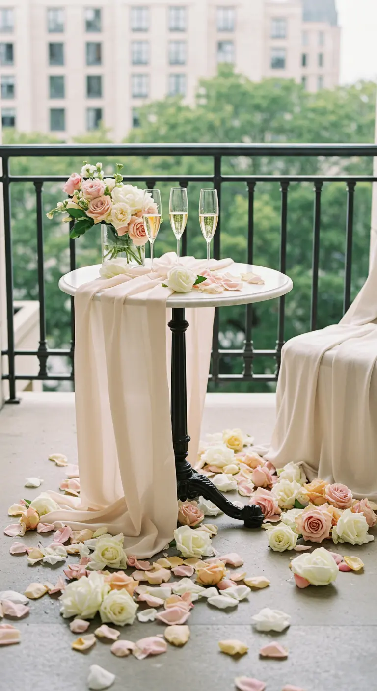 A bistro table draped in sheer fabric, surrounded by a floor covered in pink and white rose petals.