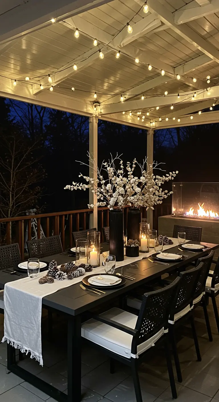 Cozy outdoor patio decorated for a holiday dinner with string lights.