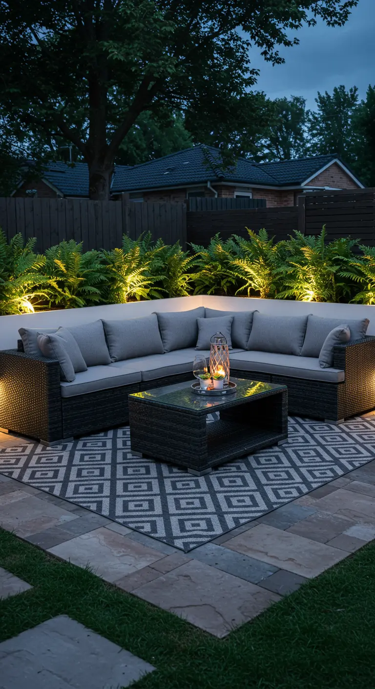 A rattan sectional at night with ferns dramatically lit from below.