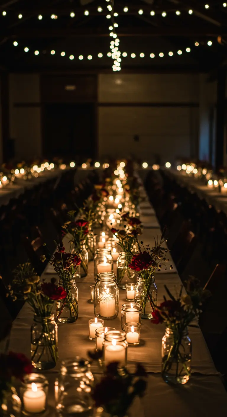 A long table in a dark barn lit entirely by candles in and around Mason jars with dark flowers.