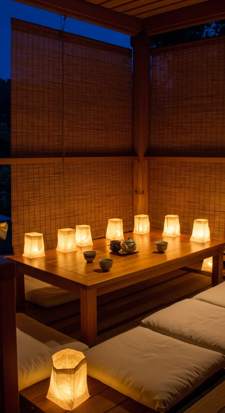 A wooden balcony at night, its low table illuminated by a multitude of small paper lanterns.