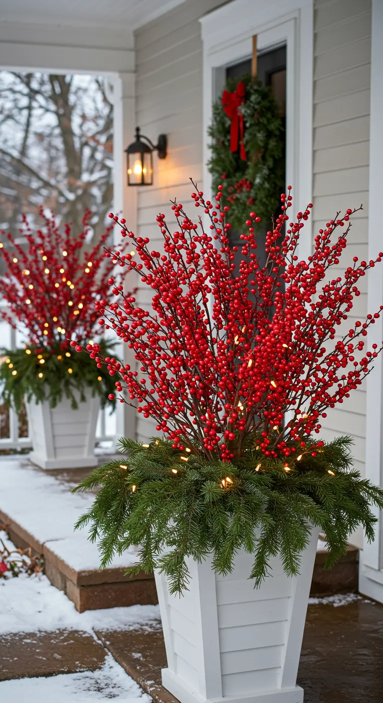 White planters filled with evergreen branches and an abundance of bright red winterberry stems.