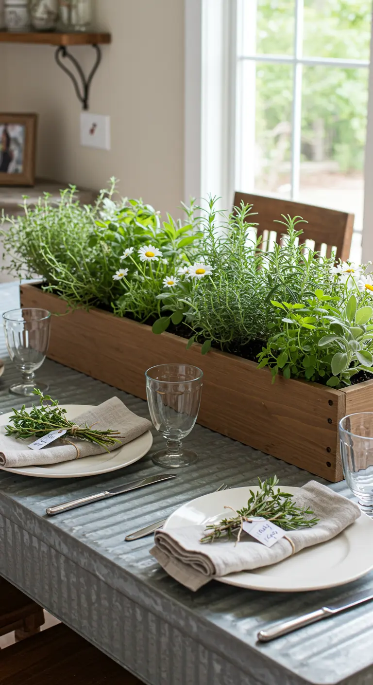 A table with a long wooden planter filled with fresh herbs as the centerpiece.