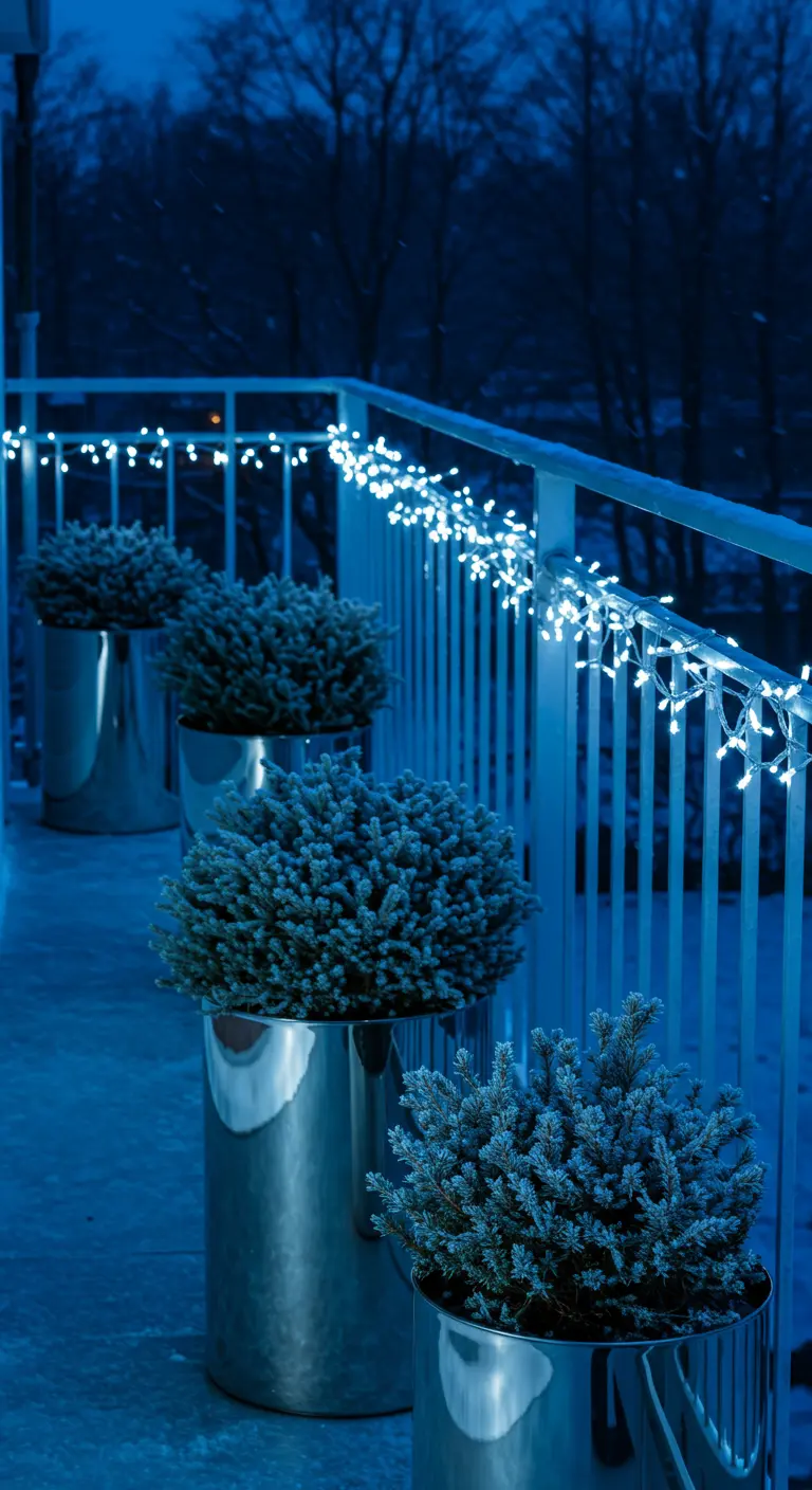Silver cylindrical planters with frosted plants on a balcony lit with cool white fairy lights.