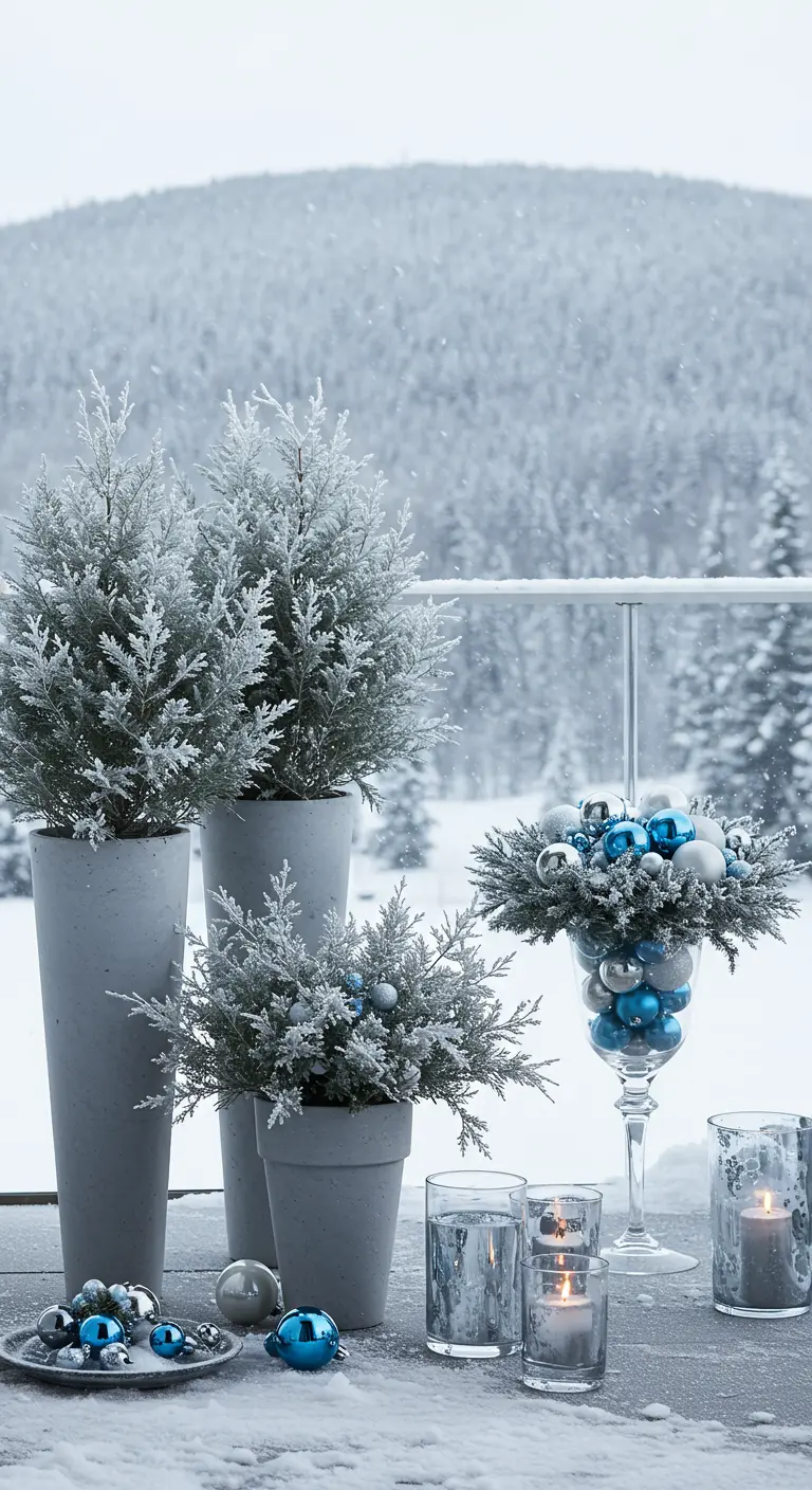 A balcony table decorated with flocked mini-trees and blue and silver ornaments.