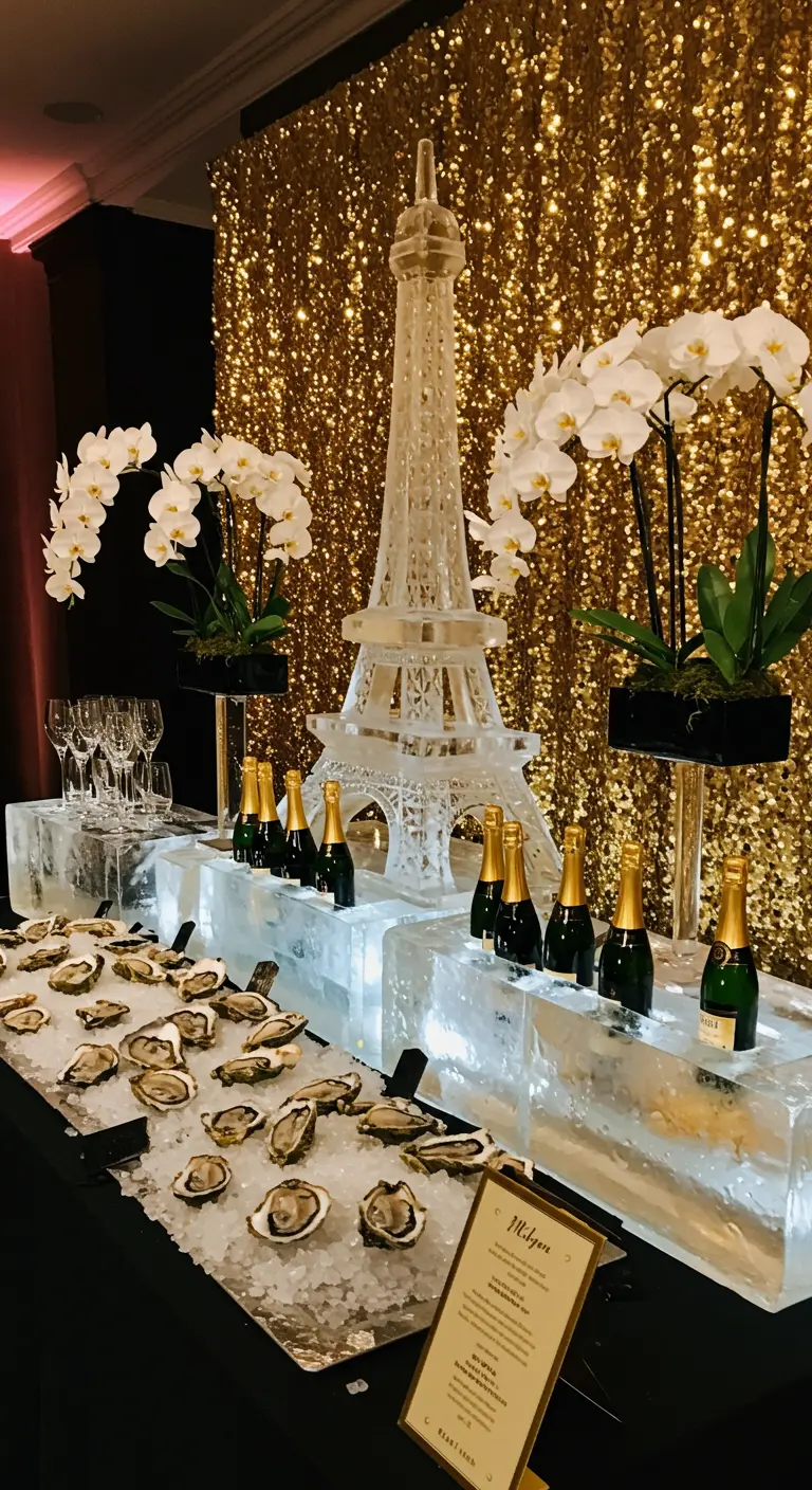 A glamorous raw bar featuring an Eiffel Tower ice sculpture, oysters, and white orchids