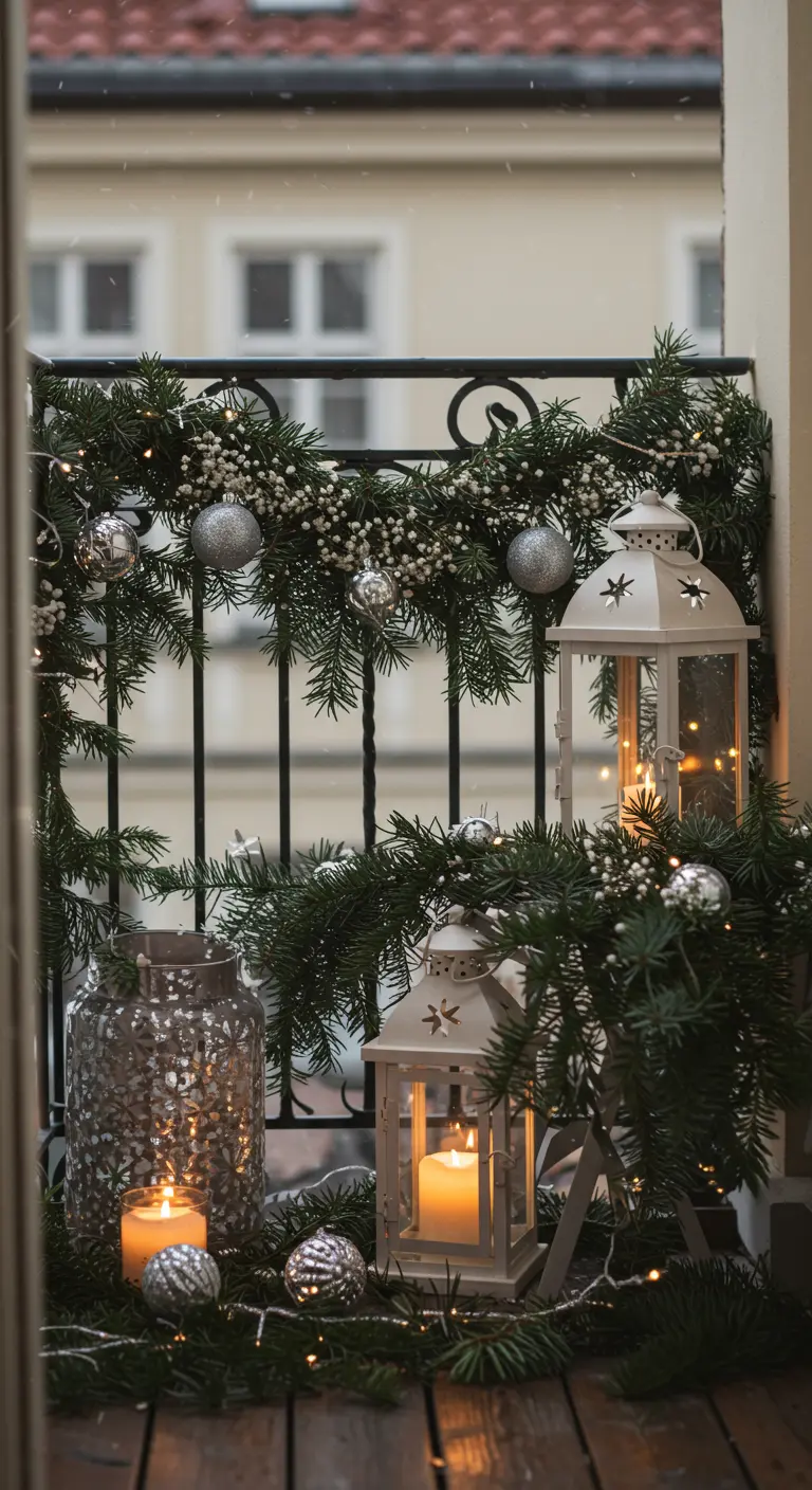 A balcony railing decorated with a lush garland, silver baubles, and white lanterns.