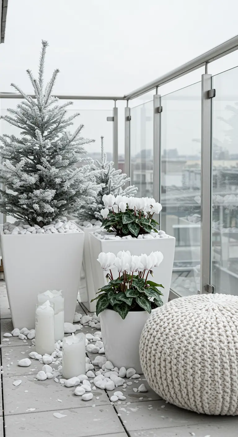 A collection of white planters with frosted trees and white cyclamen on a modern balcony.