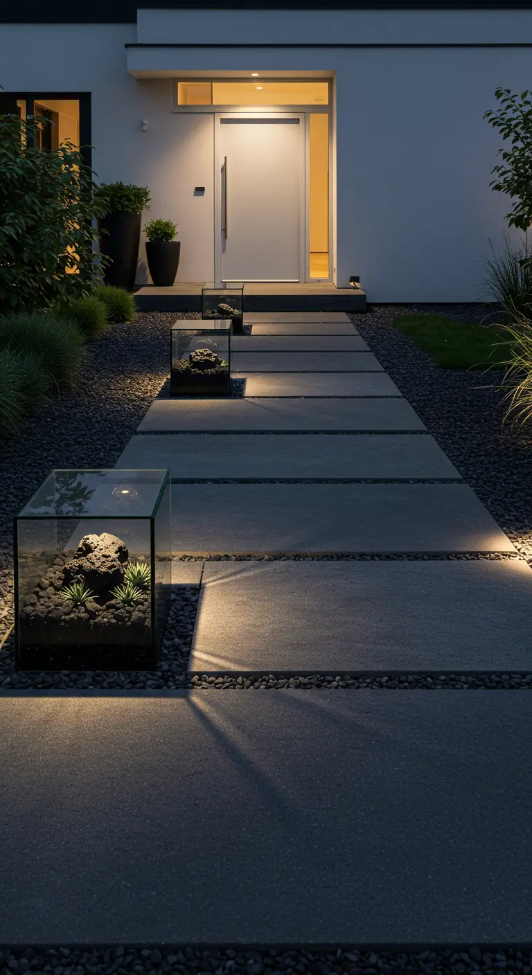 A dark paver path at night, with spotlights illuminating glass terrariums placed alongside.
