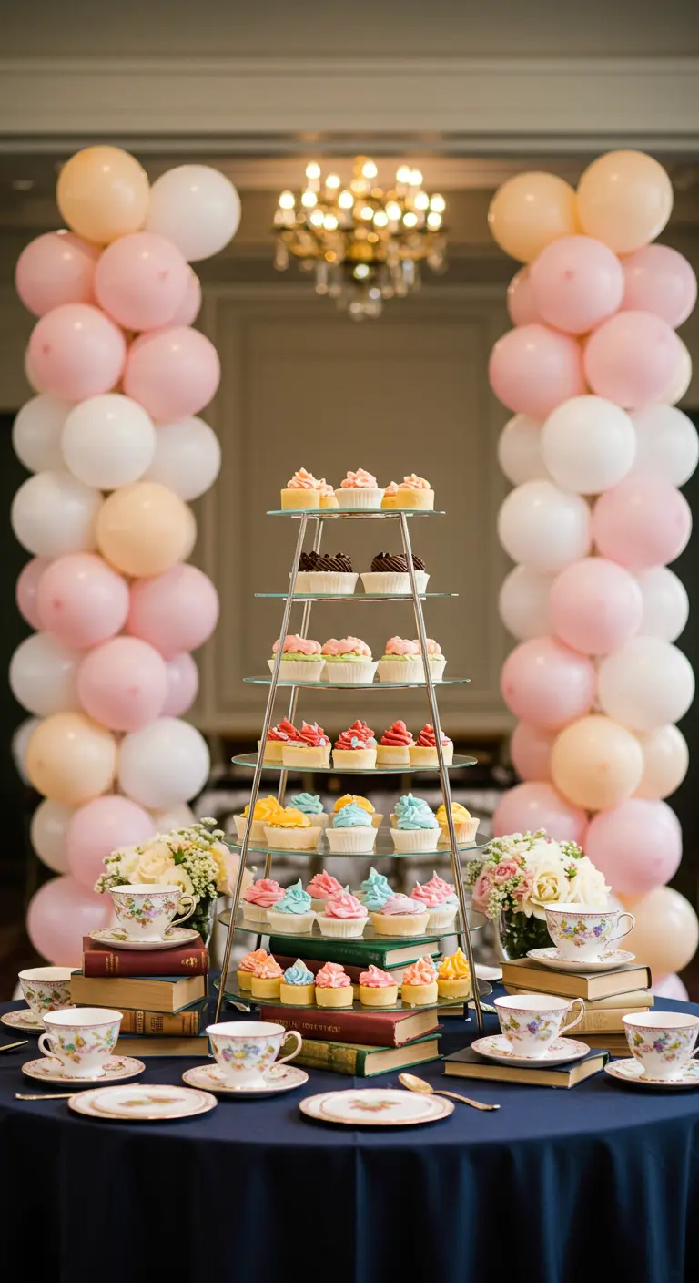 Indoor tea party dessert table with balloon columns and a cupcake tower.