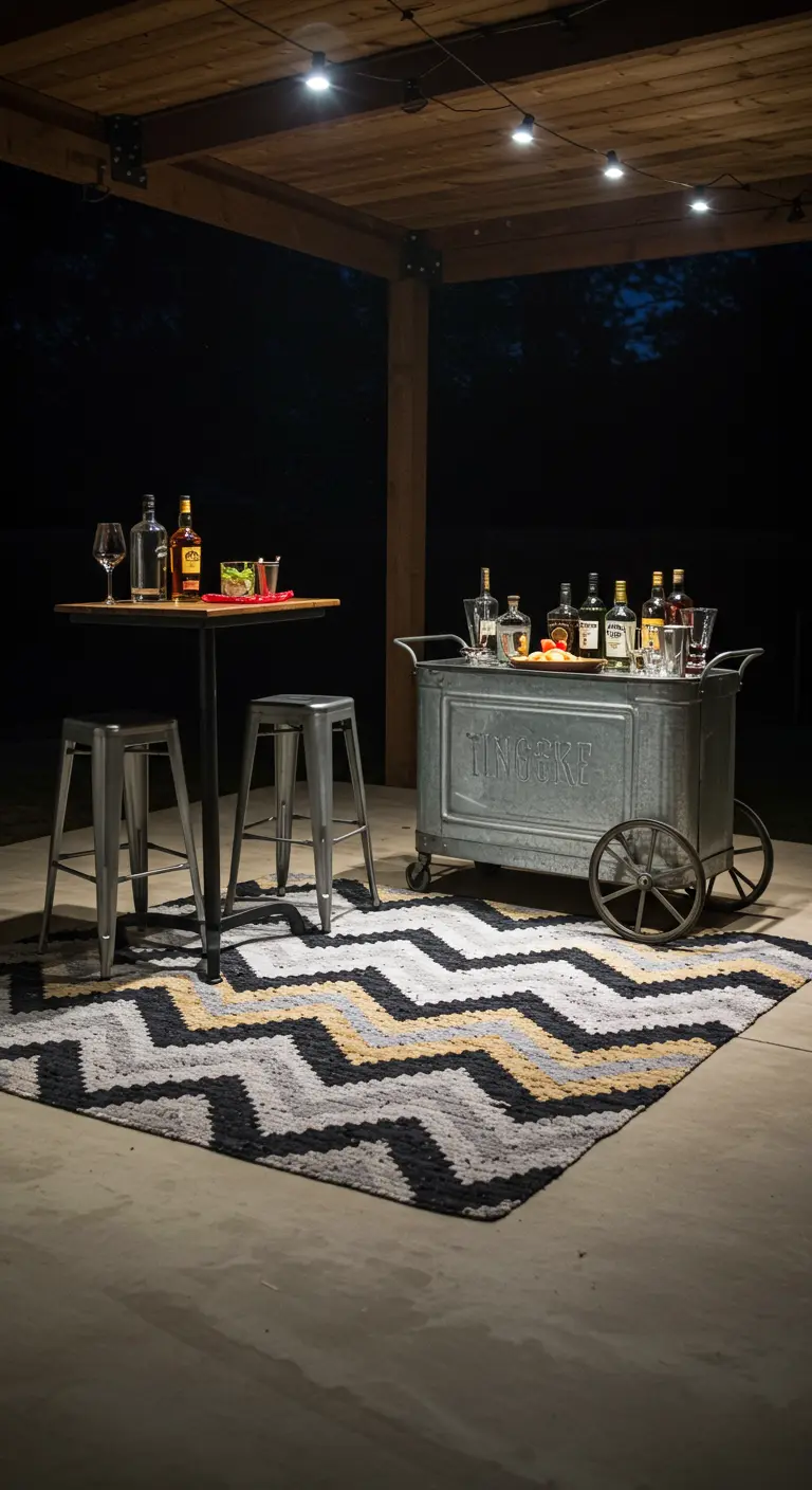 A chevron rug in grey, black, and yellow under a high-top table and industrial bar stools.