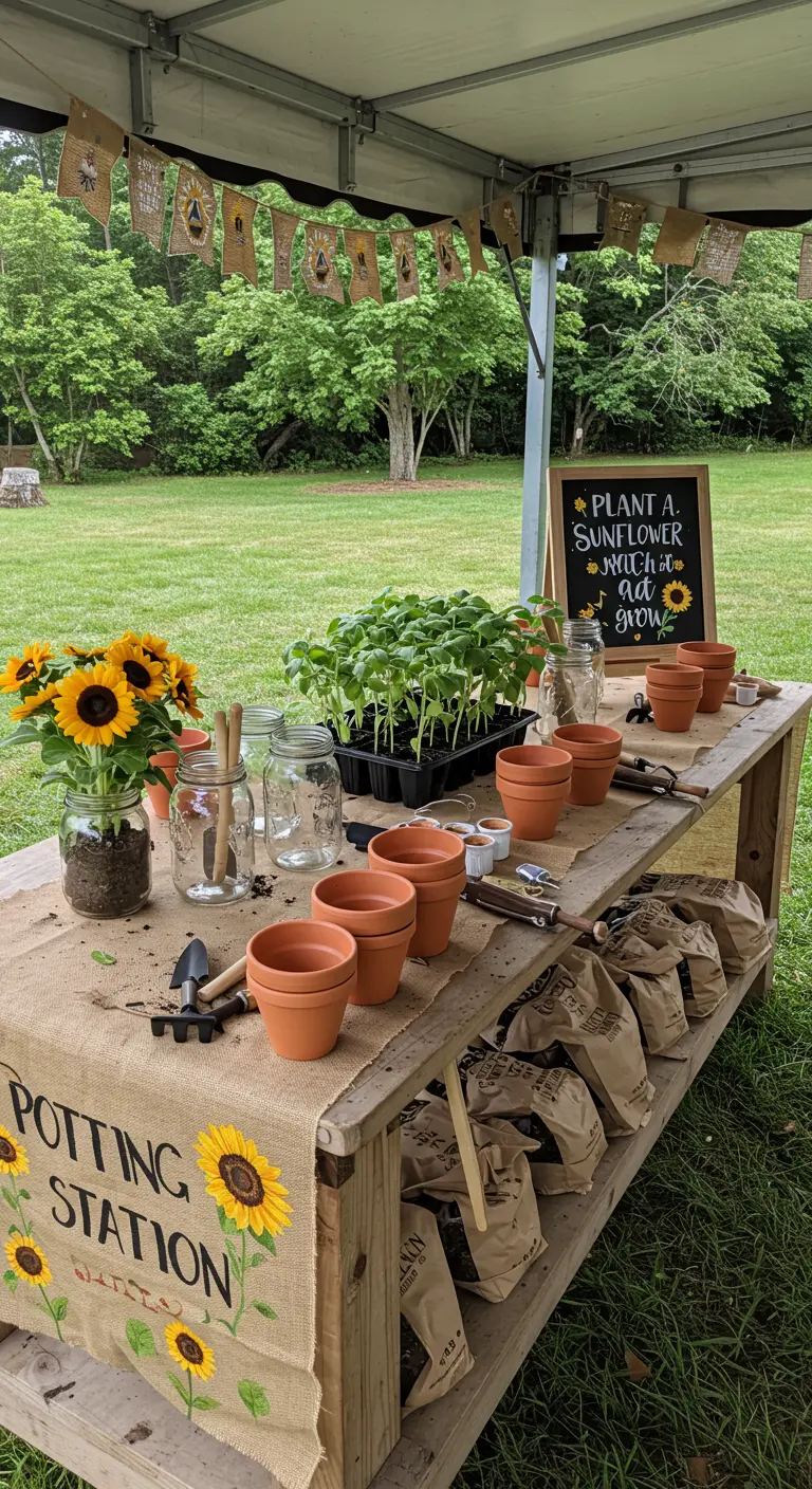 A garden party potting station with terracotta pots, soil, and sunflower seedlings for guests.