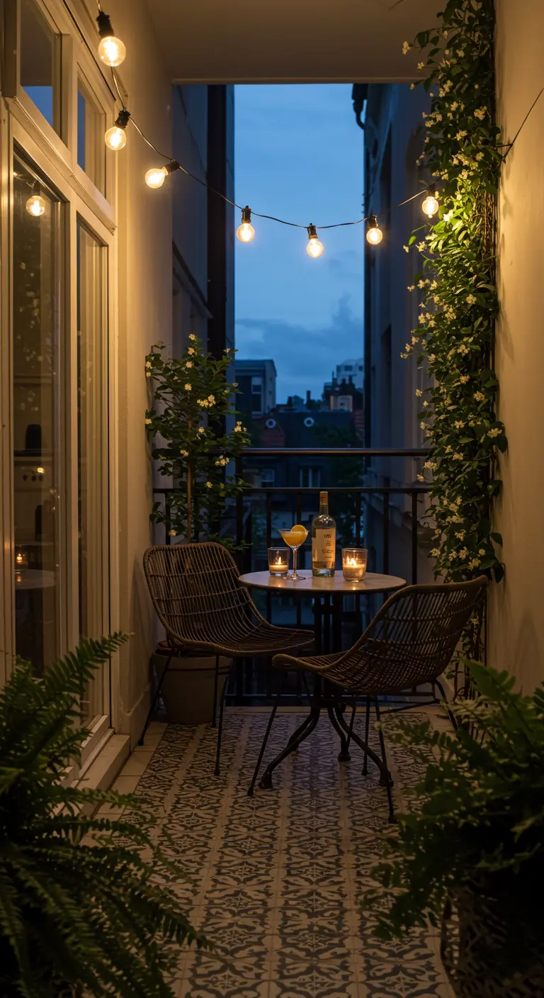 A narrow balcony with a small bistro set, climbing jasmine, and patterned floor tiles.