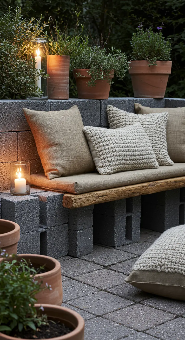 A close-up of a cinder block bench with burlap and knit pillows, lit by candles at night.