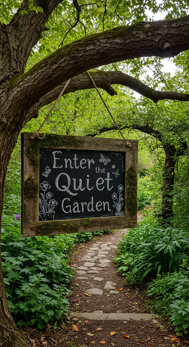 A mossy, wood-framed chalkboard sign hanging from a tree branch.