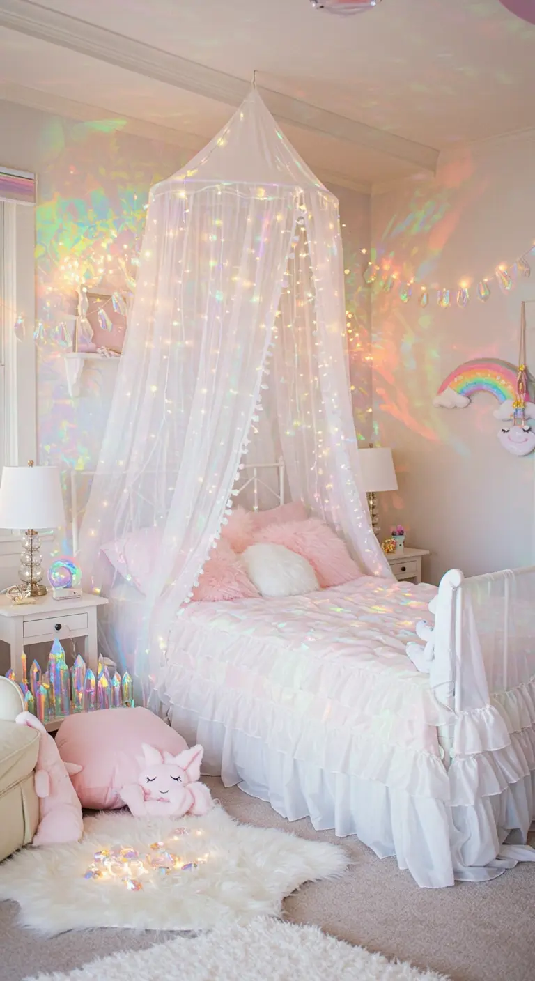 Child's bedroom with a white canopy, fairy lights, and iridescent light effects.