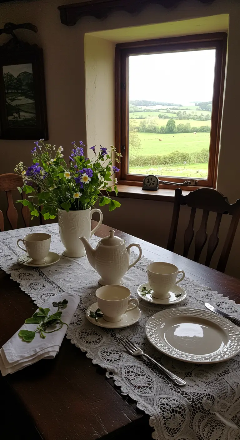 A rustic tea table with a white lace runner and shamrocks, looking out a window onto green fields.