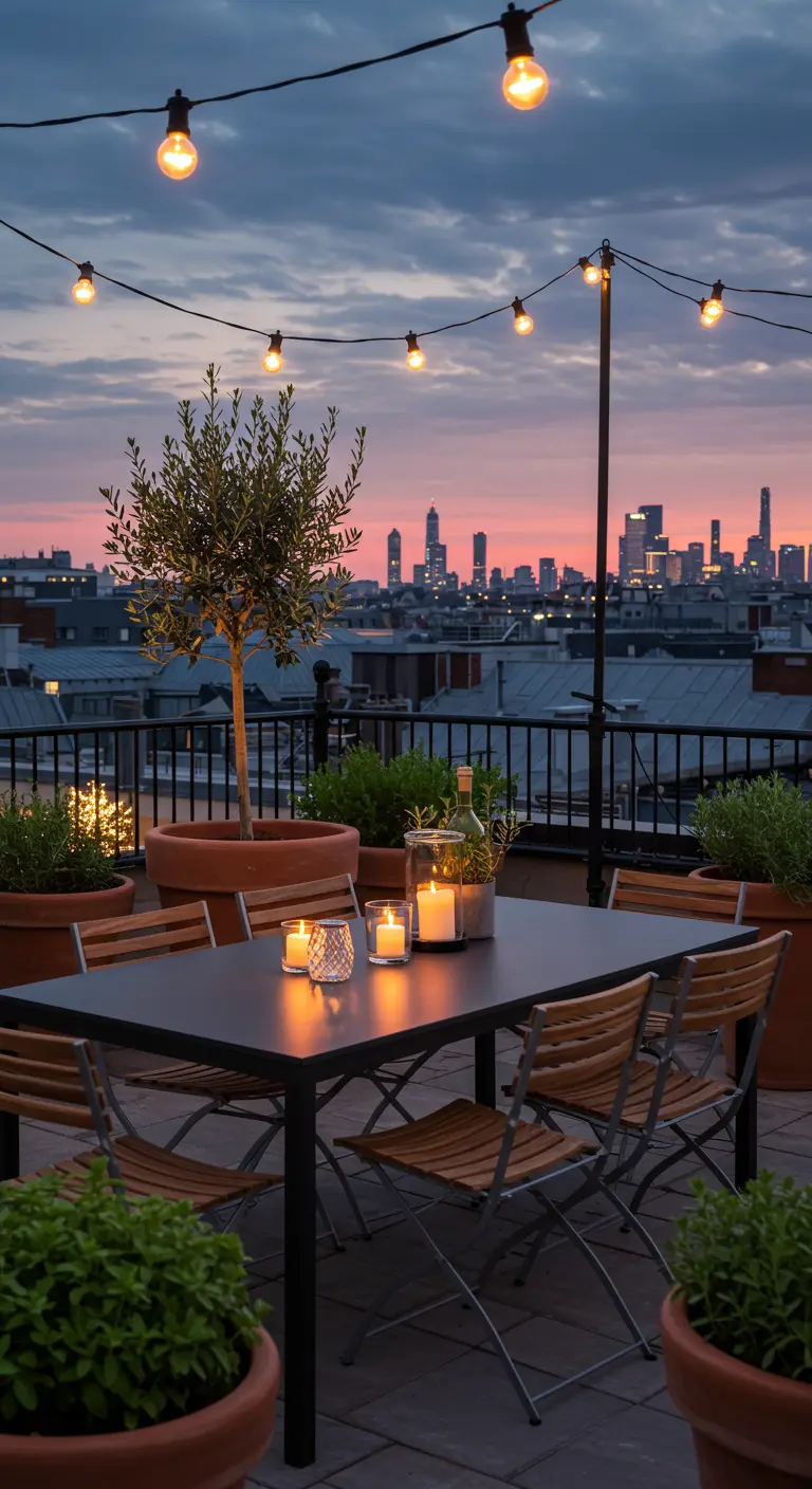 A rooftop dining setup with a black table, wood chairs, and string lights at sunset.