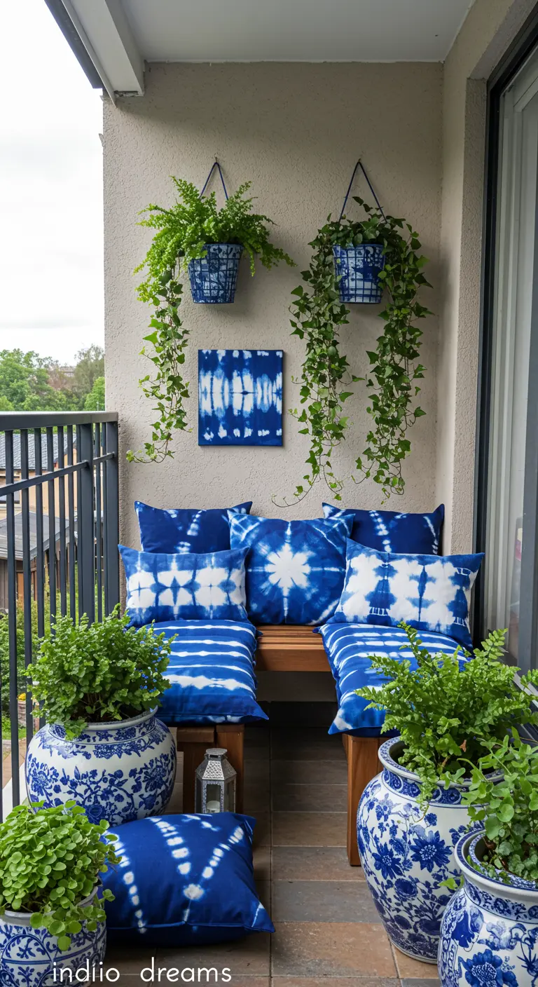 A balcony decorated entirely in blue and white, with shibori cushions and porcelain planters.