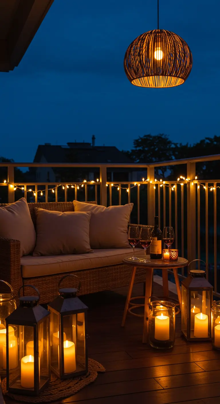 A balcony at night filled with glowing lanterns and candles.