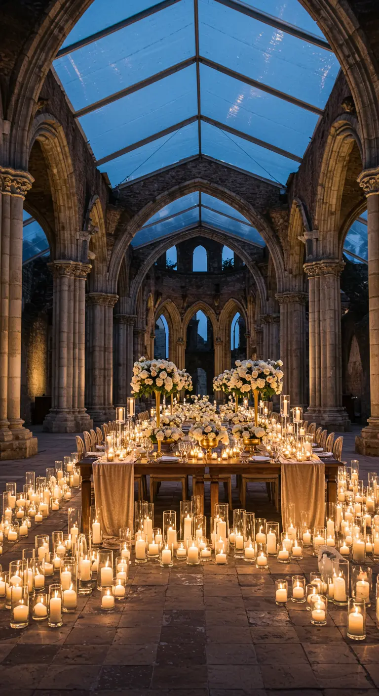 A wedding table in castle ruins surrounded by hundreds of pillar candles on the floor.