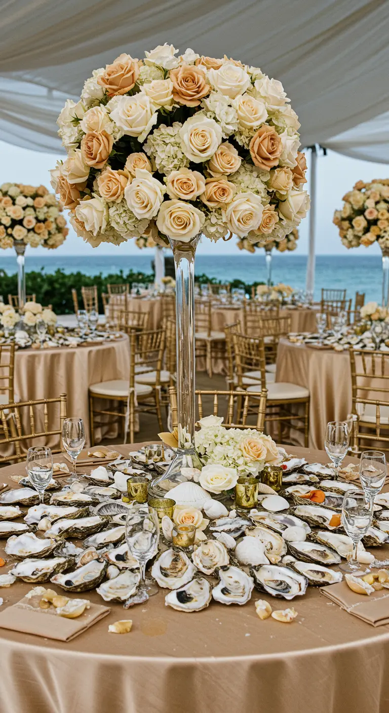 A grand floral centerpiece surrounded by a bed of oyster shells on a gold tablecloth.