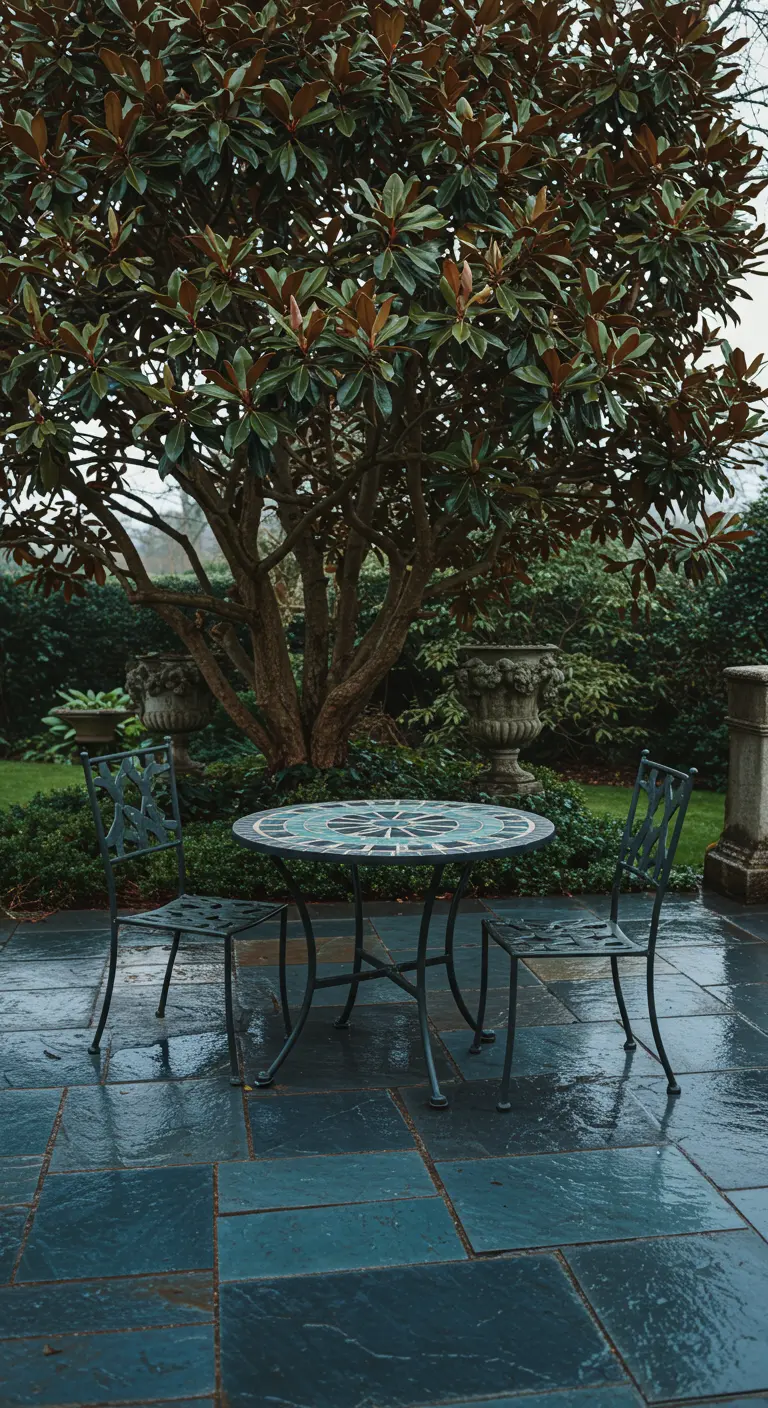 Dark metal bistro set with a green and blue mosaic table on a wet slate patio.