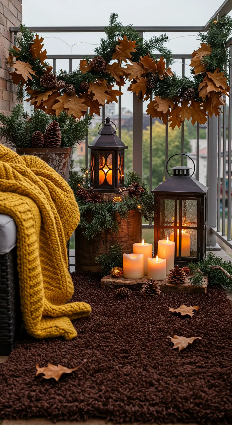 A cozy fall-themed balcony with a yellow knit throw, brown rug, and an oak leaf garland.