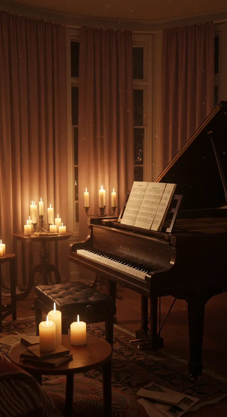 A grand piano in a dimly lit room with dusty pink curtains and many candles.