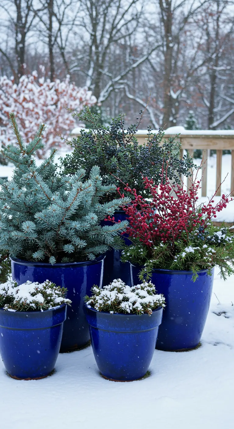 A cluster of cobalt blue pots filled with blue spruce, dark berries, and red berries in the snow.
