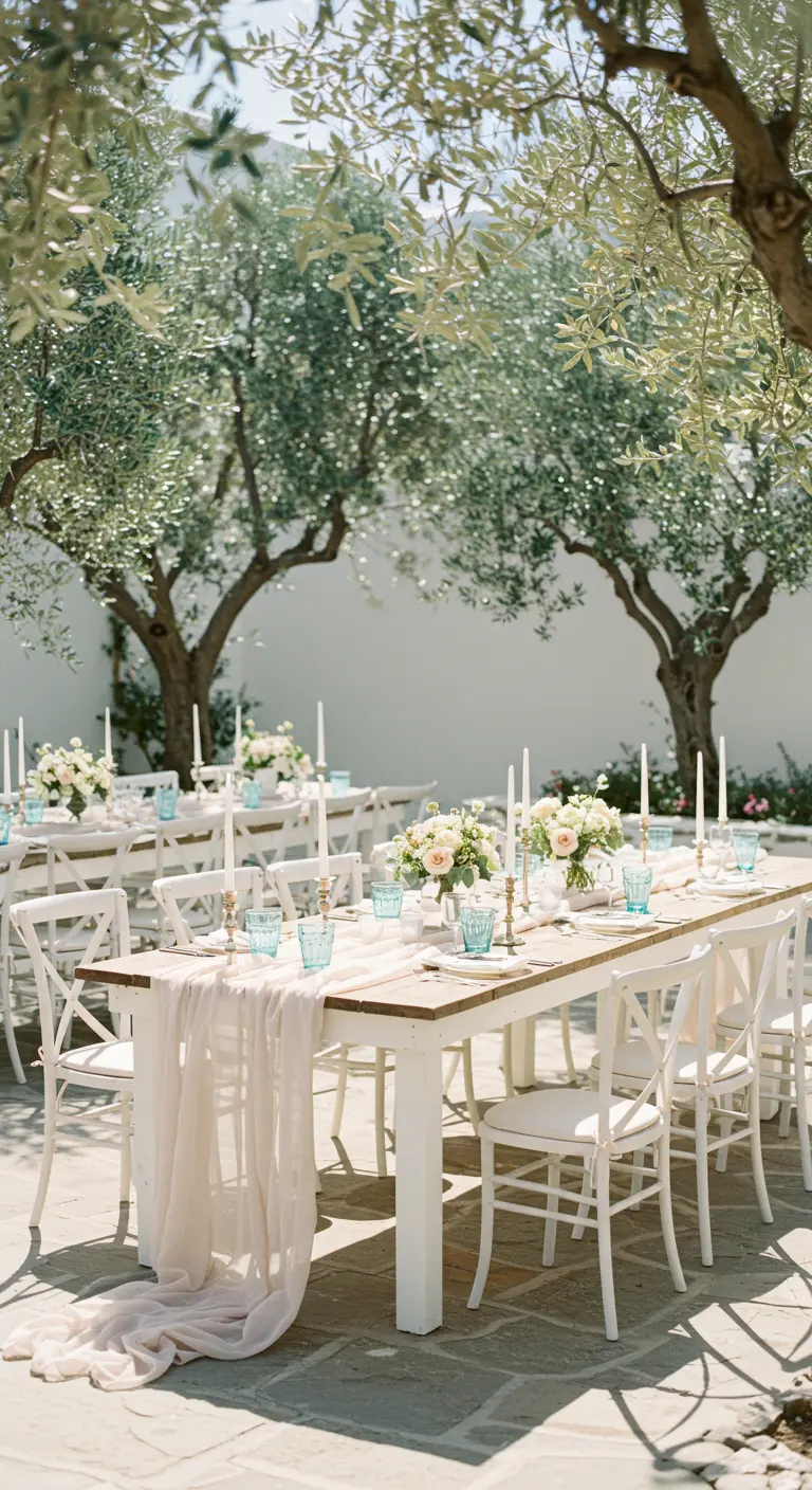 White tables set among olive trees with a pale blush runner and light blue glassware.
